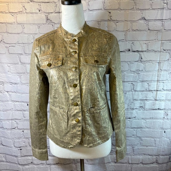 Dana Buchman Womens‎ Mock Collar Snake Skin Print Jacket Metallic Gold Si… - Picture 1 of 9